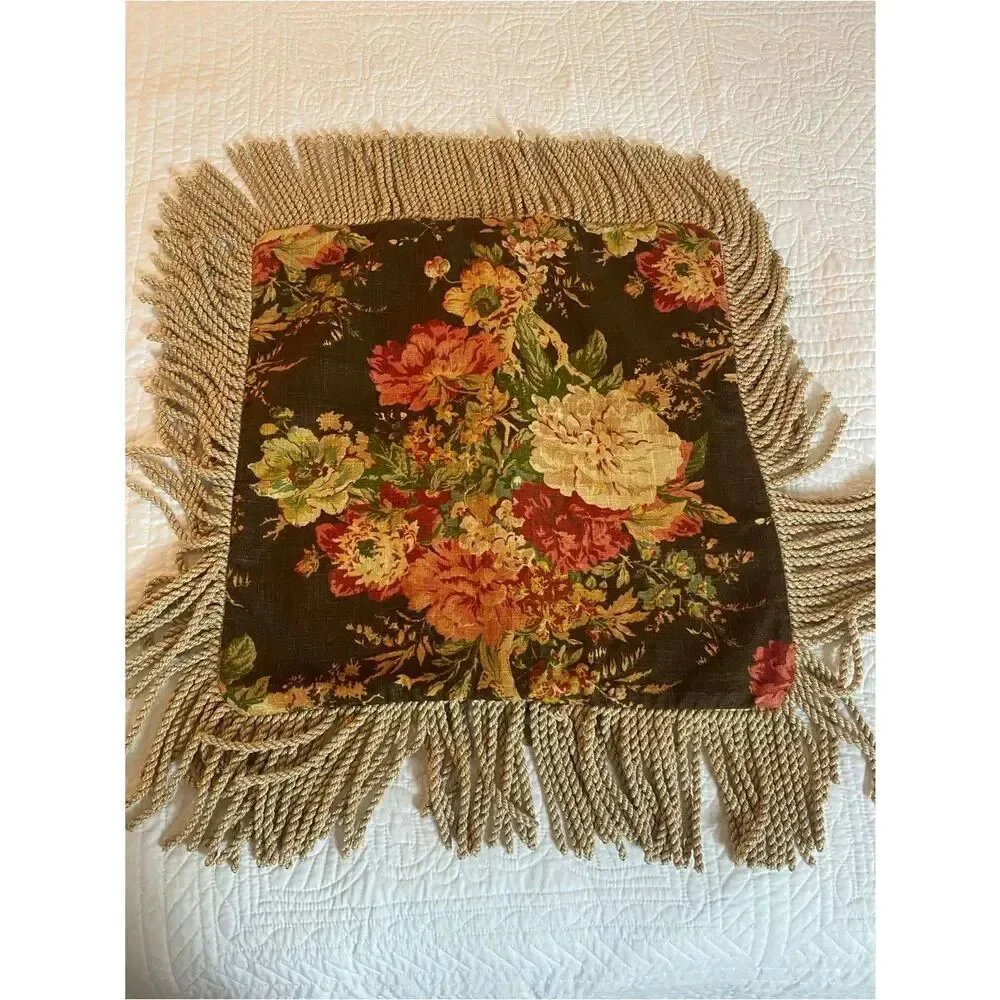 Floral Fringe Decorative Pillow Cover - Black with Multicolor Floral Print New